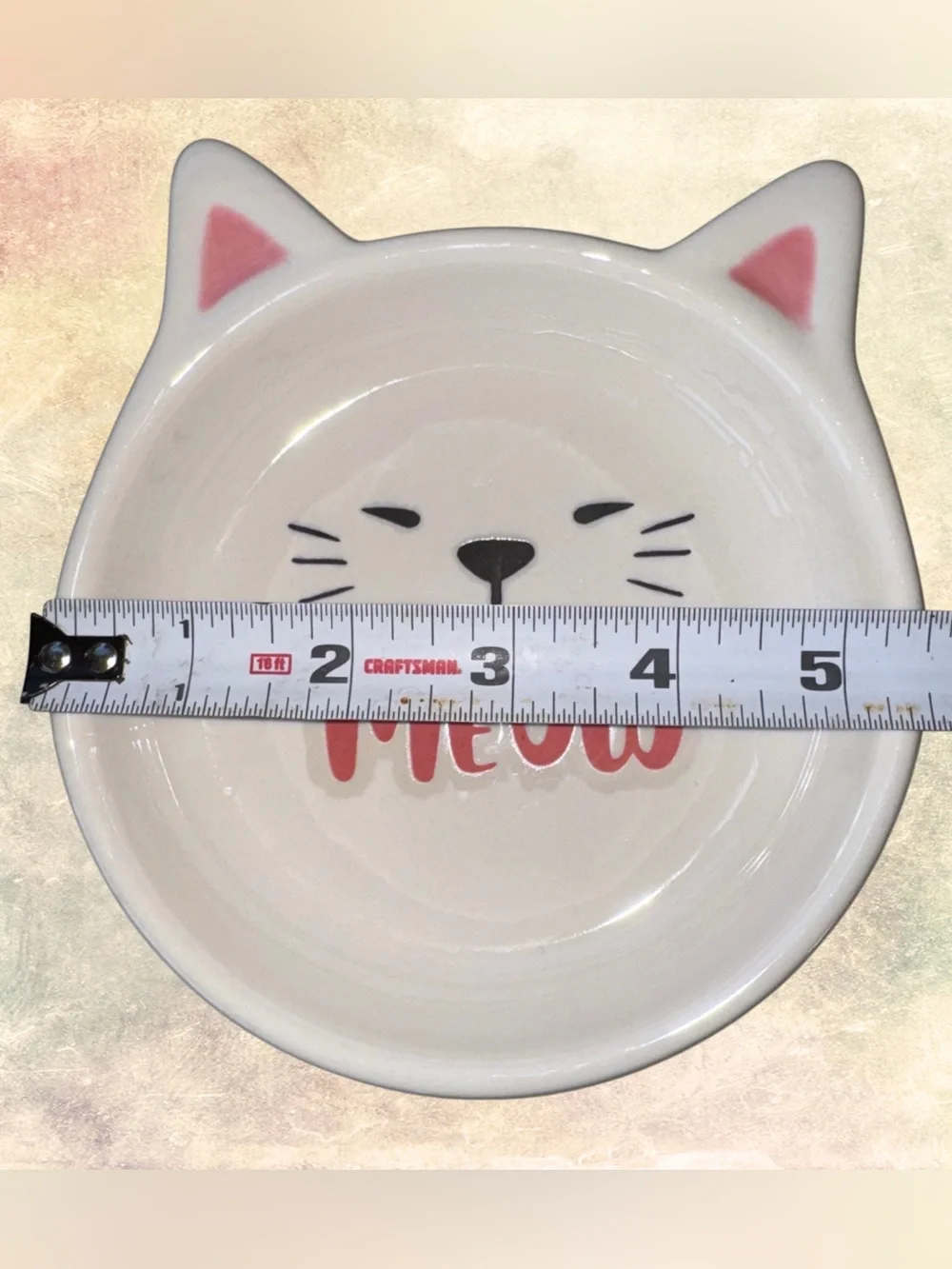 Whisker City “Meow” Shallow Cat Bowl Dish White/Pink Ceramic 5.5” Diameter